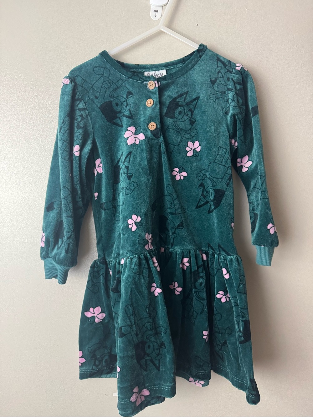 Girls Bluey Velvet Teal Dress with Pink Floral Accents 4T